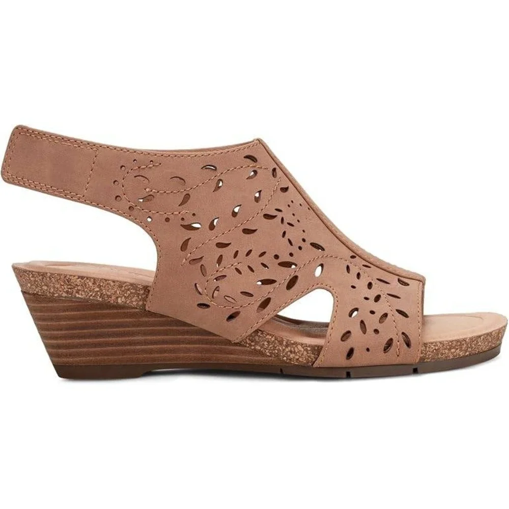 Earth Halin3 Womens Brown Laser Cut Perforated Slingback Wedge Sandals Size 8W